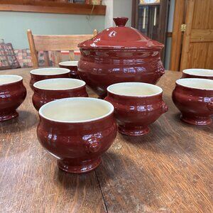 Emile Henry Footed Lion's Head Tureen and (8) Soup Bowls